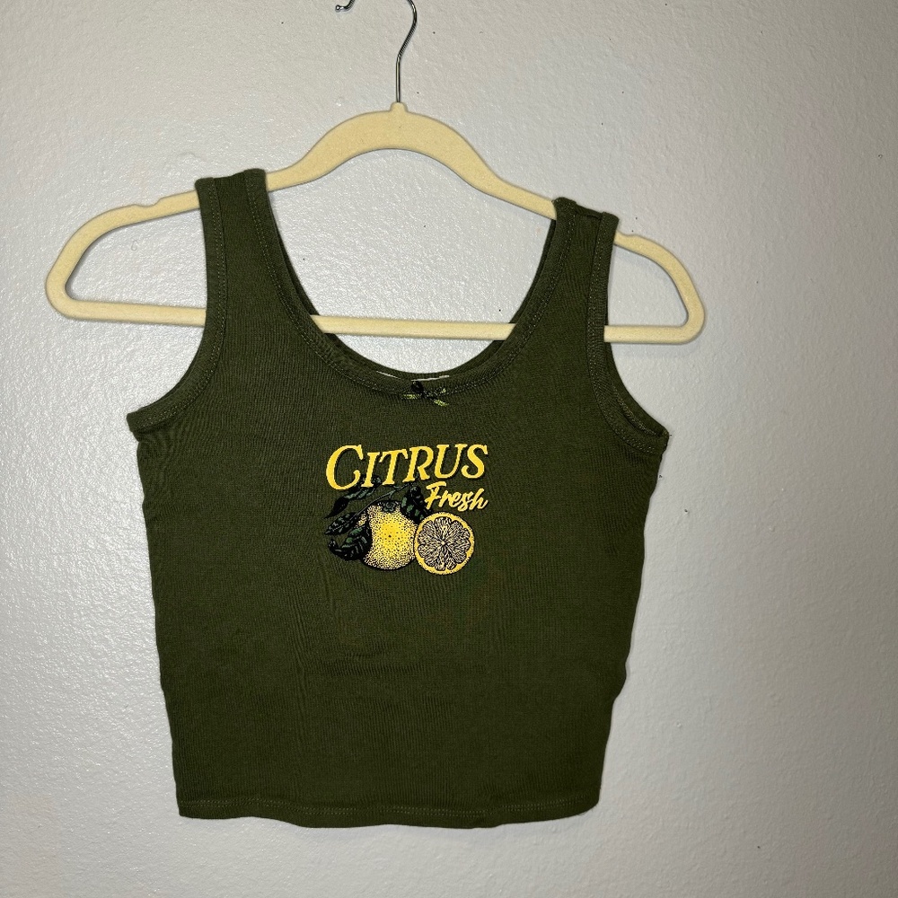 Olive Green "Citrus fresh" Lemon Graphic Cropped tank top Obsessive love